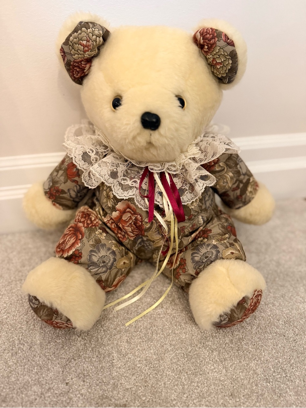 Plush Cream Teddy Bear with Floral Outfit and Lace Collar hand made